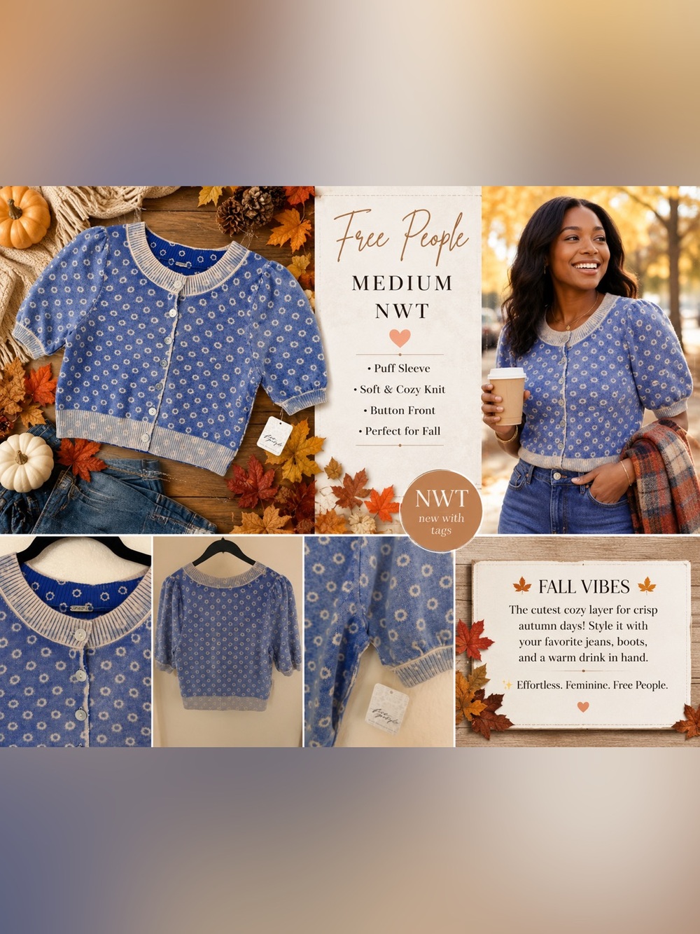 Free People Blue Floral Puff Sleeve Cardigan Sweater Medium NWT
